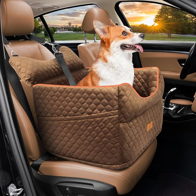 Dog Car Seat for Small Dogs Up to 25 lbs with 6-Inch Memory Foam Cushion | Elevated Booster Seat with Safety Belts, Storage Pockets and Removable Washable Cover for Front or Back Seats, Brown by EUHAMS