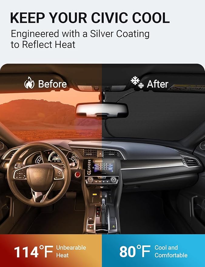 Proadsy Custom Fit 2016-2021 Honda Civic Windshield Sun Shade, Blocks Heat | 240T Heat Shield, Drops Temp 54°F, Blocks 99% UV, Prevents Dashboard Cracking, Summer Parking & Beach Trips, Easy Twist-Fold - Image 3