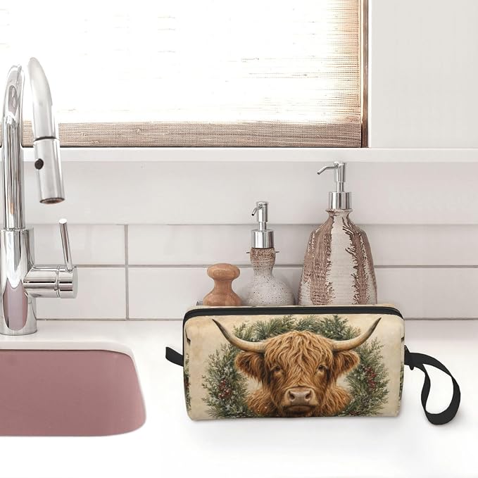 Highland Cow Evergreen Wreath Makeup Bag for Women, Cosmetic Pouch | Double-Sided Highland Cow Wreath Cosmetic Organizer with Foam Padding for Women, Travel, Gym, School, and Daily Storage - Image 7