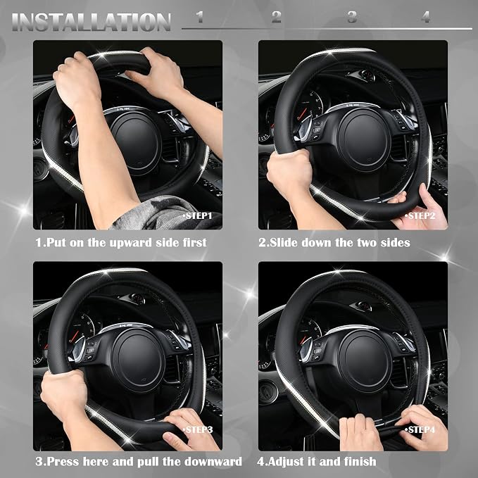 CAR PASS Bling Diamond Black Leather Steering Wheel Cover, Studded Crystal Rhinestones Universal Fit 14" 1/2-15" Glitter for Women Sparkle Girl Fit Suvs,Vans,Sedans,Car,Trucks, Multicolor Diamond - Image 7