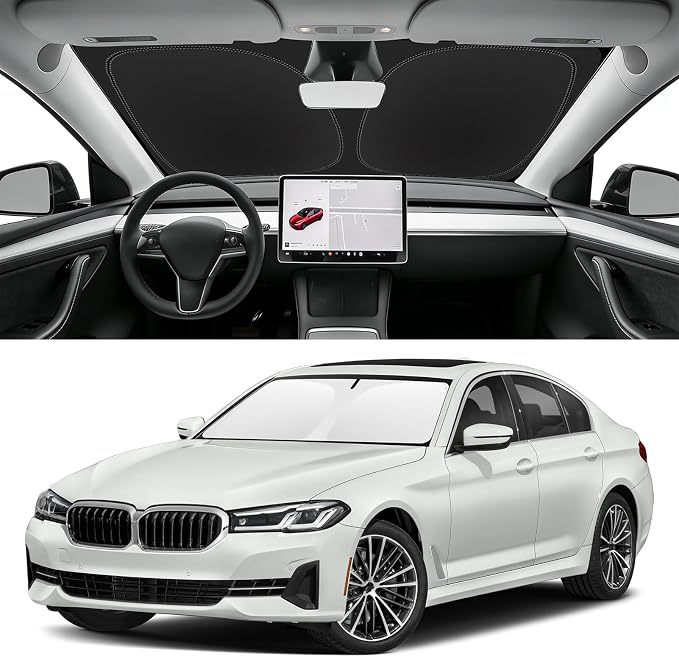 Custom Fit Windshield Sun Shade for BMW 5-Series 2017-2023 | Blocks UV Rays and Sun Heat, Helps Reduce Interior Temperature, Protects Dashboard from Fading, Folds Easily for Storage by SLOGENTO