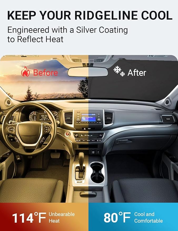 Proadsy Custom Fit Car Windshield Sun Shade for 2017-2026 Honda Ridgeline | 240T Heat Shield, Drops Temp 54°F, Blocks 99% UV, Prevents Dashboard Cracking, Summer Parking & Beach Trips, Easy Twist-Fold - Image 3