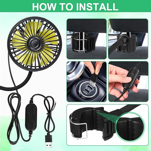Glooglitter 2 Pcs Car Fan USB for Rear Seat Passenger Portable Headrest 360 Degree Rotatable 3 Speed 12v/ 24v Automobile Ventilation Fan with Clip for SUV Backseat, RV, Vehicles(Practical,Black) - Image 4