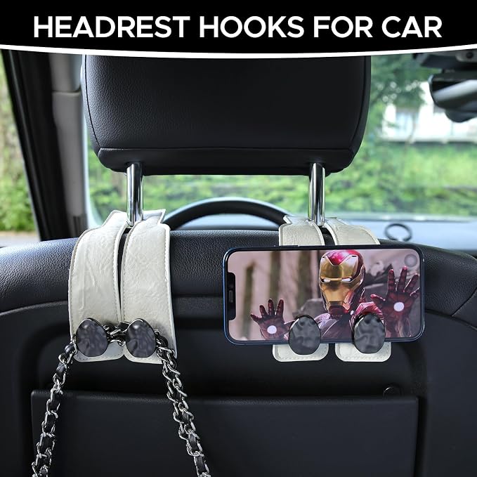 Leather Car Purse Hook for Headrest, 4 Pack, White-Black | Twin Hooks Headrest Hangers, 2/4 Pack, No-Slip, Scratch-Proof, Holds Purses, Backpacks, Grocery Bags, Car Organizer Gift - Image 3