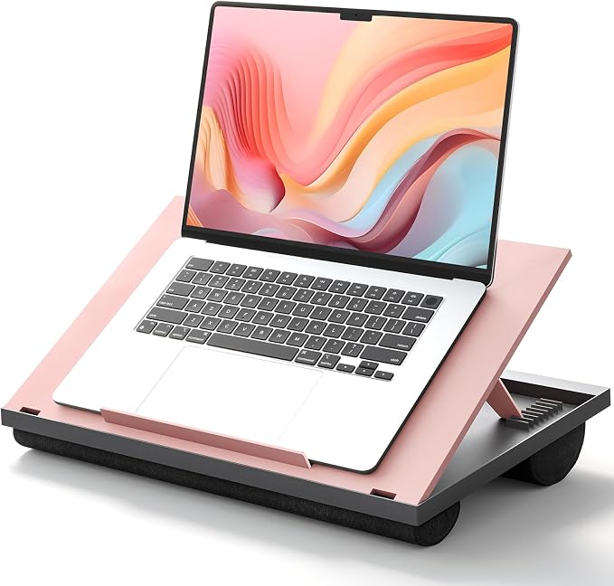 HUANUO Lap Desk with 8 Adjustable Angles – Up to 15.6" Laptop, Pink | Dual-cushion base, carry handle, 30% thicker for durability, wider anti-slip ledge, for home office, sofa, bed, car by HUANUO
