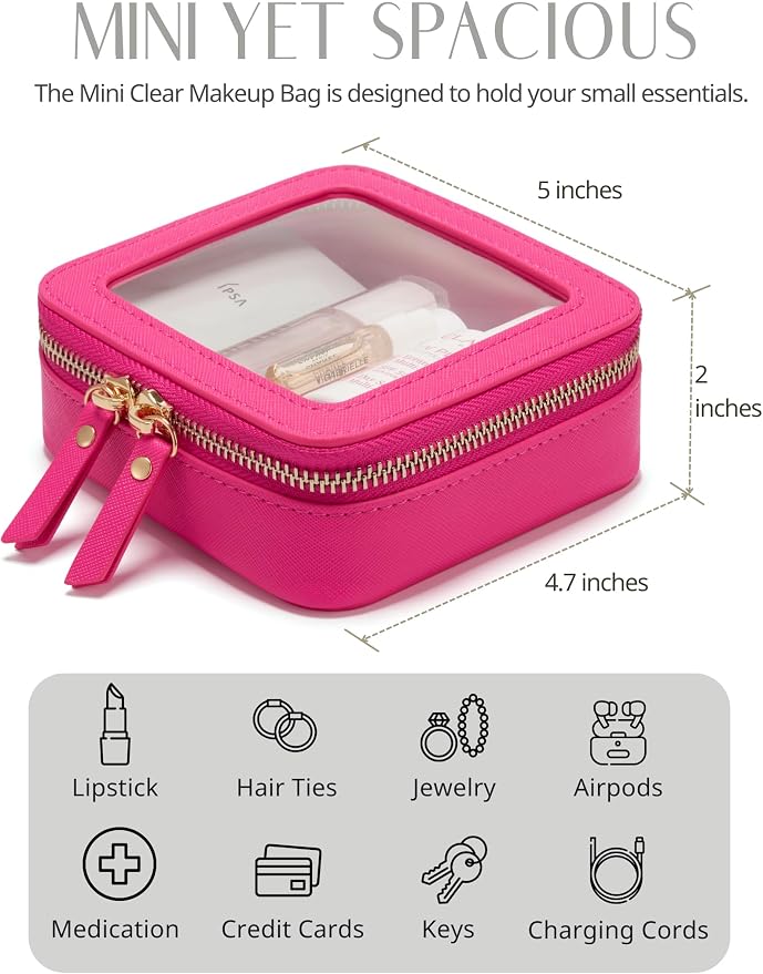 Mini Makeup Bag Clear Small Travel Cosmetic Case Leather Cute Hot Pink Pouch for Purse Organizer Make Up Bag for Women Car Toiletry Bag with Zipper for School - Image 3