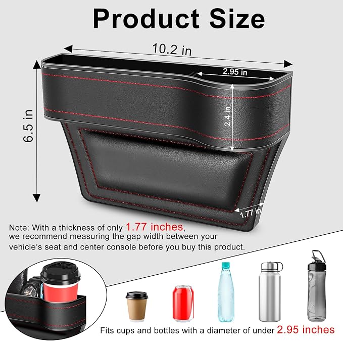 Car Seat Gap Filler Organizer, 2 Pack Multifunctional Car Seat Organizer, Auto Console Side Storage Box with Cup Holders 2 Seat Hooks for Drink, Car Organizer Front Seat for Holding Phone, Sunglasses - Image 2