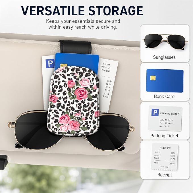 Leather Magnetic Sunglass Holder for Car Sun Visor, Cute Eyeglass Ticket Card Hanger Clip, Universal Auto Interior Accessories for SUV Pickup Truck, Rose Leopard - Image 4
