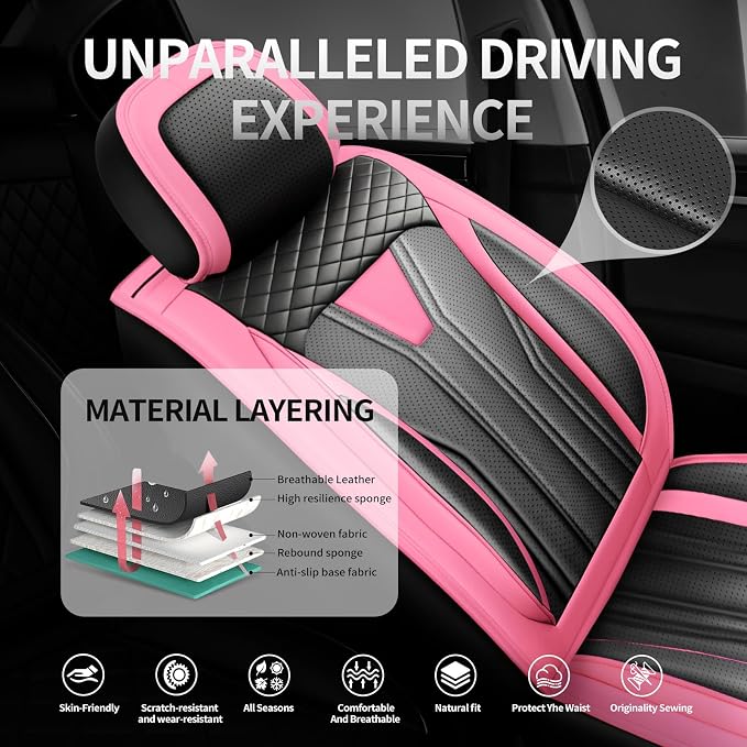 Fit FJ Cruiser Premium Leather Car Seat Covers for Toyota FJ Cruiser 2007-2013 2014 - Waterproof，Breathable，All-Weather Seat Cushion Protecto & Airbag Compatible, Full Set Pink&Black - Image 2