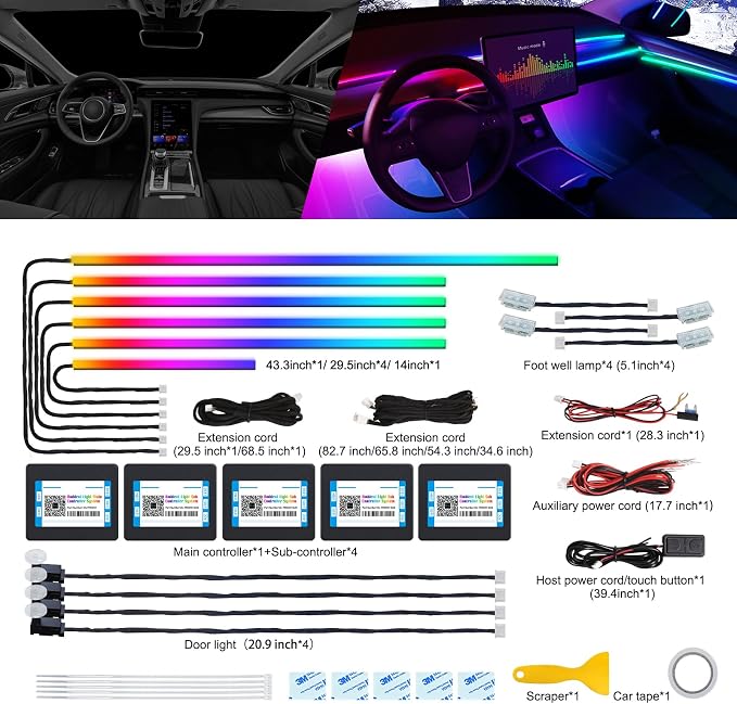 Dreamcolor Acrylic Interior Car LED Strip Light with Wireless APP, RGB 14 in 1 with 175 inches 600 LEDs Fiber Optic Car Ambient Lighting Kits, Dual Zone Sound Active Function LED Strip for Car - Image 2