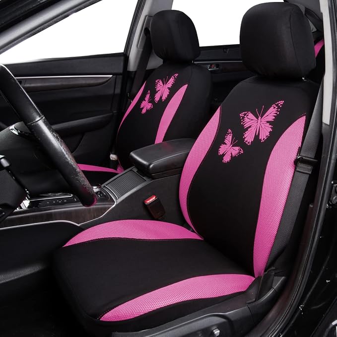 Flying Banner Butterfly car seat Covers ful Set Fashion Universal Lady Woman Female Rear Bench Split Colorized (Full Set, Pink) - Image 3