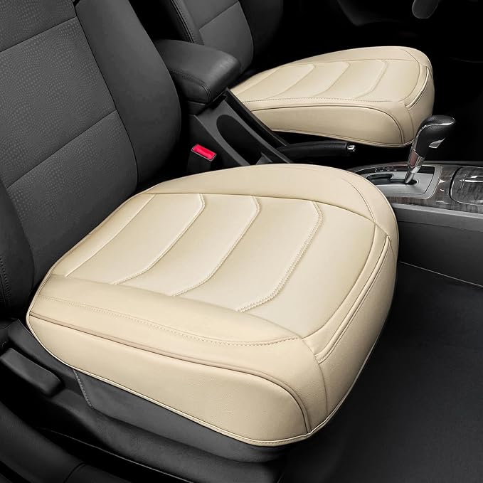 BOPUOVRE Car Seat Cover for Luxury & Comfort PU Leather | Anti Slip Full Wrap Protection Storage Pocket Cushion Universal Fit 95% Vehicles Yellowish White 1 Piece - Image 3