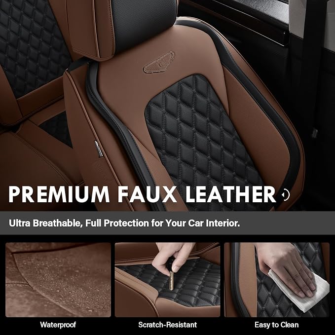 Coverado Car Seat Covers Front Seats, Premium Breathable Waterproof Faux Leather Full Set with Rear Protectors, Luxury Automotive Interior for Sedans SUVs Trucks – CoffeeBlack - Image 4