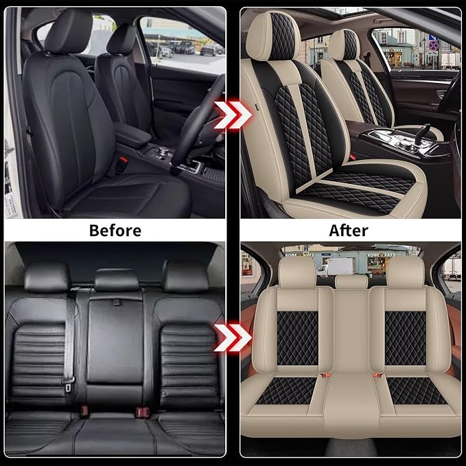 IKABEVEM Car Seat Covers Fit for Infiniti M37 2007-2013 Full Set | Waterproof Faux Leather, Airbag Compatible, Easy to Install & Wipe Car Seat Protector,5 Seats Covers Fit for , Beige&Black - Image 6