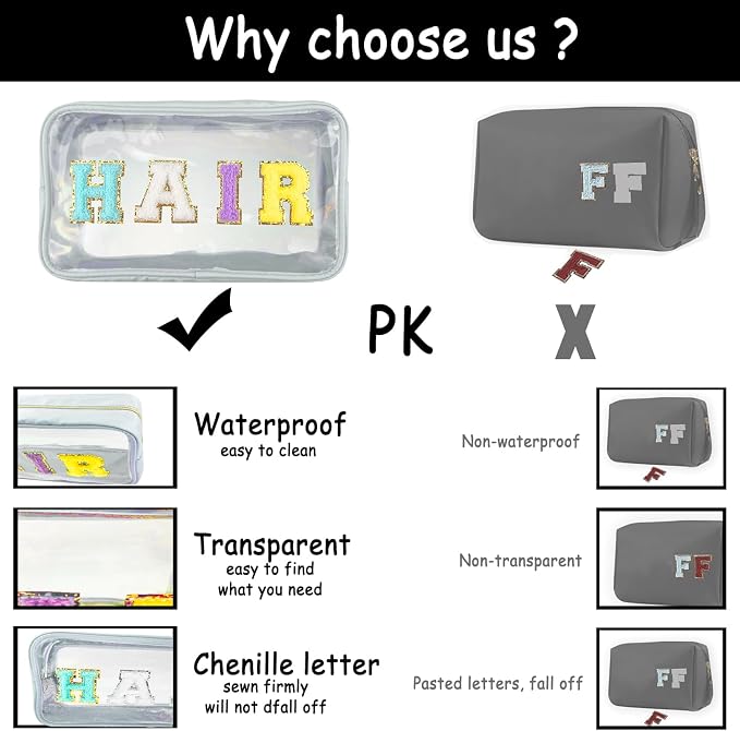 Bunliuys Chenille Letter Clear Makeup Bag Hair Patch, Travel Toiletry Makeup Bag with Handle, Nylon Waterproof Makeup Bags clear cosmetic bag, preppy patch makeup bag for Women (HAIR-Beige) - Image 4