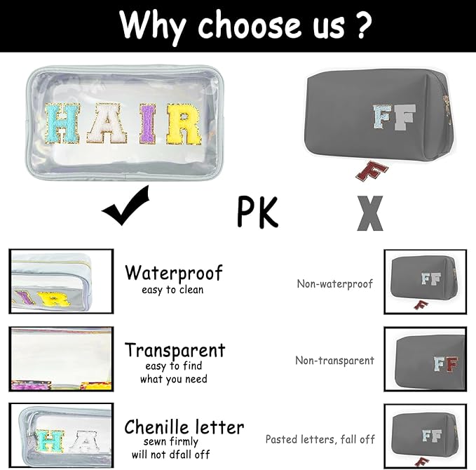 Bunliuys Chenille Letter Clear Makeup Bag with Nurse Patch, Travel Toiletry Makeup Bag with Handle, Nylon Waterproof Cosmetic Bag, Preppy Patch Makeup Bag for Women (NURSE-Black) - Image 4
