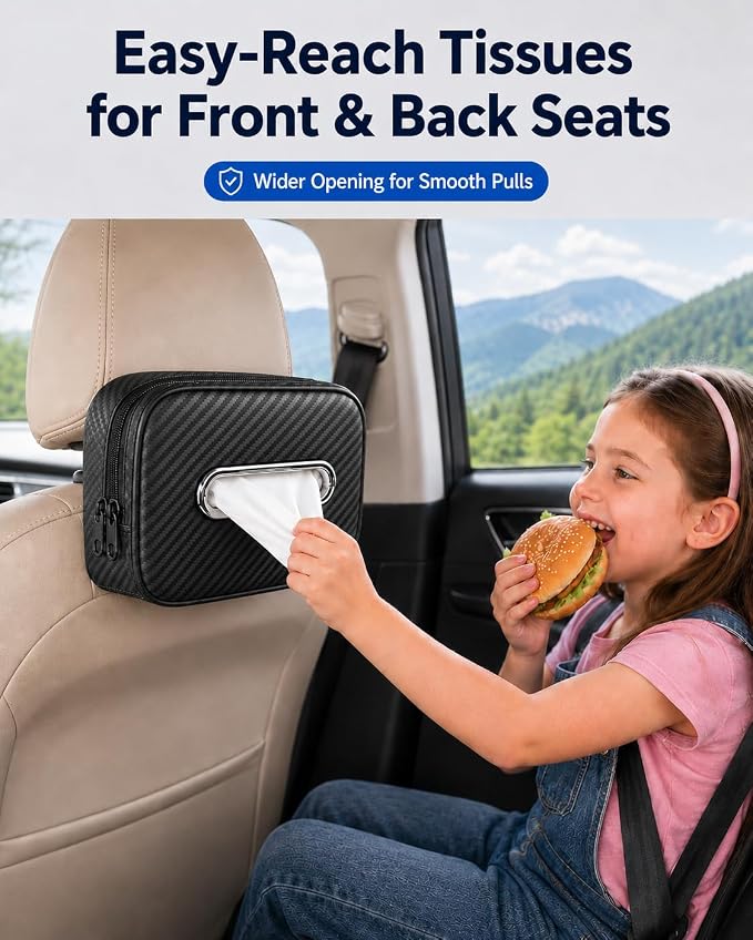 Carbon Fiber Texture Car Tissue Holder, Extra Large Car Tissue Box Holder for 120–230 Count Rectangular Tissue Boxes, Wider Opening, Dual Zipper, Fits Headrests, Consoles, and Seat Backs - Image 4