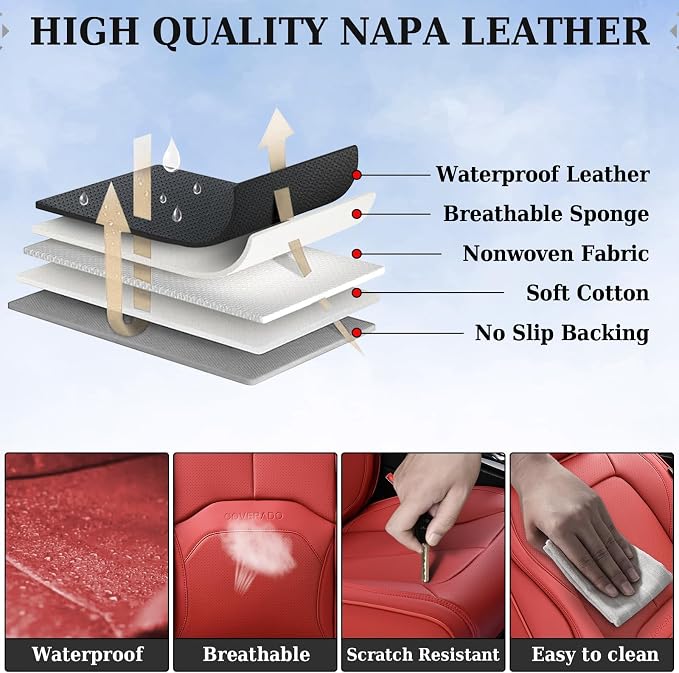 Coverado Car Seat Covers Full Set, Premium Nappa Leather Seat Covers for Car, Waterproof Car Seat Protector with Lumbar Support, Automotive Seat Covers Universal Fit for Most Cars SUV Truck, (Red) - Image 7