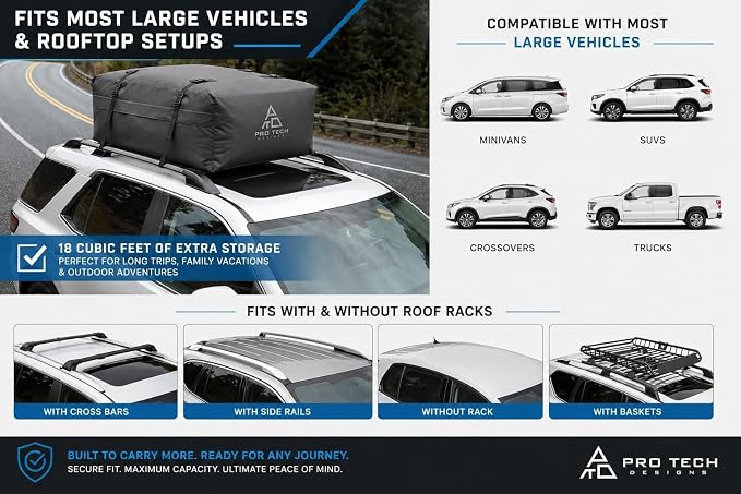 Voyager 18 Waterproof Rooftop Cargo Carrier Bag, 18 Cubic Feet Vehicle Roof Storage with Straps & Door Hooks, Heavy Duty Car Top Carrier for SUVs, Vans, RVs & Trucks, 48" x 36" x 18" - Image 2