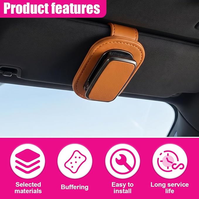 Car Sunglass Holder, Leather Car Sun Visor Eyeglasses Clip with Anti-Scratch Soft Padding, One-Handed Operation Auto Interior Glasses Organizer for Most Cars, Trucks, SUVs (Orange) - Image 4