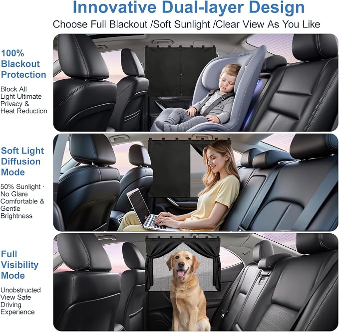 Magnetic Car Window Shades,2Pcs Side Window Sun Shade with 7 Strong Magnets | Double Layer Magnetic Car Sunshade for Baby,Full Covers/Half Shade Car Window Covers for Side Windows,Magnetic Car Curtains - Image 4