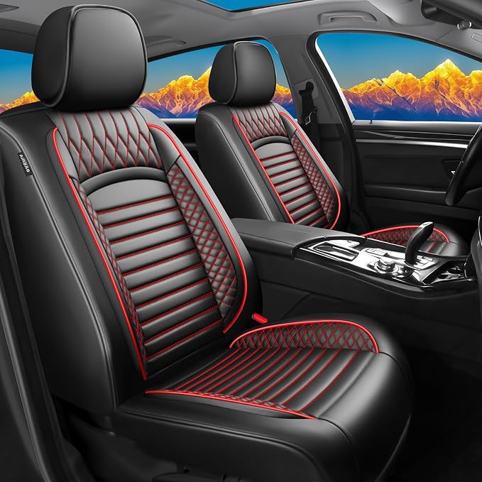 Fit Frontier Car Seat Covers for Nissan Frontier 2009-2026 - Upgraded Premium Waterproof & Breathable Leather, Airbag Compatible, All-Weather Seat Cushion Protector (2 Front/Black+Red) by Unknown