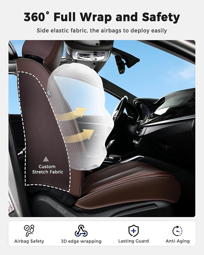 Huidasource Front Row Seat Covers, Premium Waterproof Faux Leather, Universal Fit for Most Cars, SUVs & Trucks, Airbag Friendly, Easy to Install, Wear Resistant for Daily Commute, Coffee - Image 3