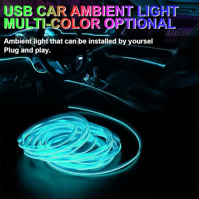 10FT EL Wire Strip Lights, USB Car Neon Trim, Sewing Edge, Ice Blue | USB-powered operation, sewing-edge design, fuse protection, interior ambient lighting use, cut-to-length construction - Image 3