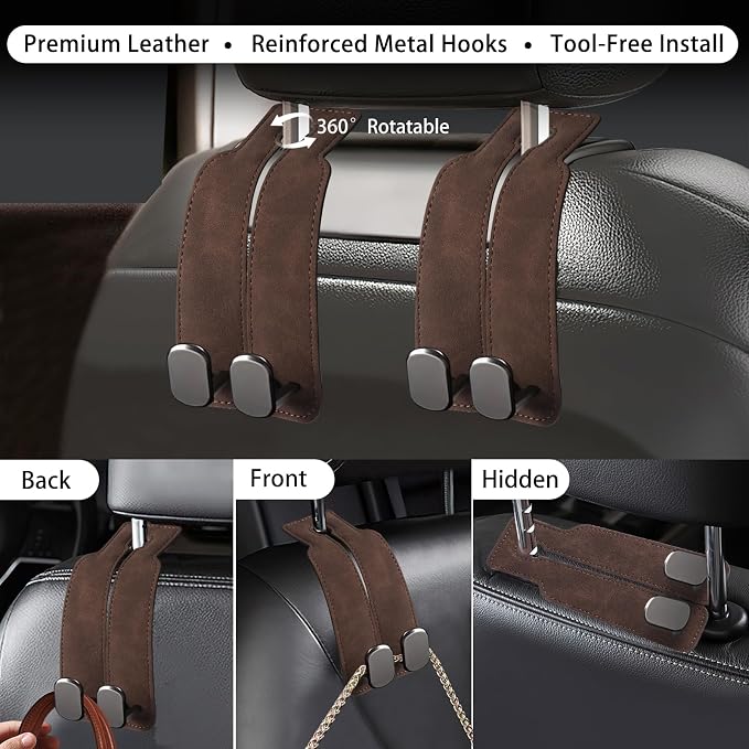 WideFit Car Headrest Hooks, 2 Pack for Wide-Strap Bags, Brown | 0.98 in opening fits thick purse straps. Premium leather and dual metal hooks hold up to 40 lb and rotate 360°. - Image 8