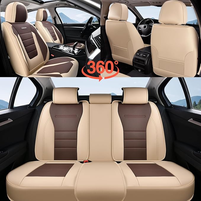 Coverado Car Seat Covers Full Set, Nappa Leather Seat Covers for Cars, Car Seat Protector Car Seat Cushion, Front and Back Seat Protectors Cushions Universal Fit for Most Cars Vehicles(Beige&Coffee) - Image 8
