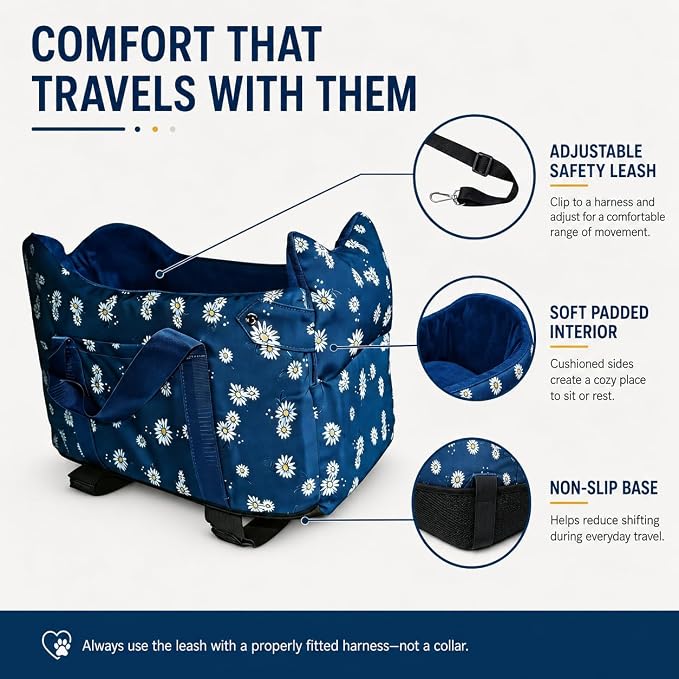 Center Console Dog Car Seat Safe Travel for Small Dogs Under 15 lbs | Detachable Washable Pet Carrier with Storage Pockets & Safety Leash,Navy Blue - Image 5