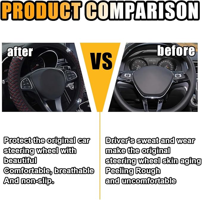 JOYCOURT 15 Inch Bling Soft Leather Car Steering Wheel Cover, Black Red | Colorful Rhinestones Design, Auto Elastic Protector for Women Girls, Crystal Diamond Car Accessories for Most Cars, SUVs - Image 3