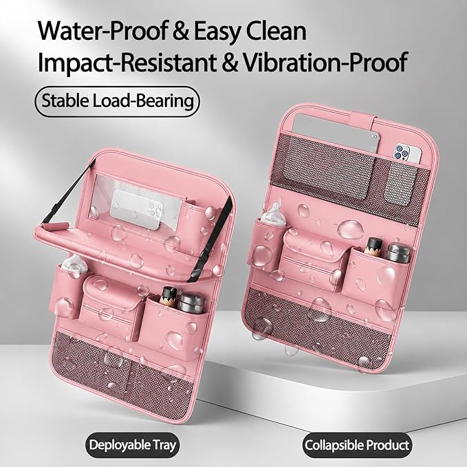 2 Pack Leather Car Backseat Organizer with Foldable Table Tray, Universal Car Seat Back Protector Kick Mat with Touchscreen Tablet Holder, Storage Pockets, Cup Holders & Tissue Holder, Pink - Image 6