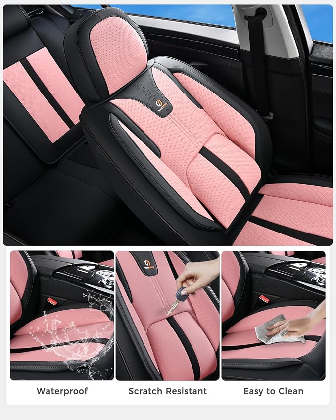 Huidasource Car Seat Covers Front Seats Luxury Nappa Leather, Front Seat Covers with Airbag, Front Storage Pocket, Lumbar Support, Cooling＆Heating, Universal Fit for Most Cars SUV Trucks, Black&Pink - Image 7