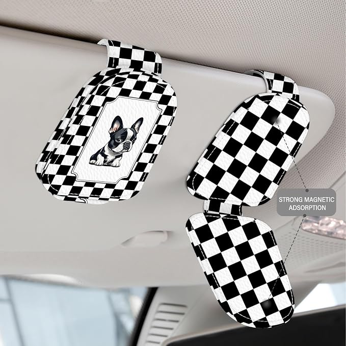 2 Pack Magnetic Leather Sunglass Holder, Universal Magnetic Car Eyeglass Hanger Clip for Different Size Eyeglasses, Car Visor Accessories (Checkered Dog) - Image 3
