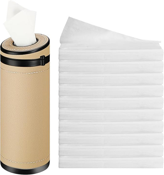 1 Pcs Car Tissues Cylinder Leather Round Container Car Tissues Holder with Tissue Paper with Window Breaker for Vehicle Bathroom Office(Beige) by Unknown