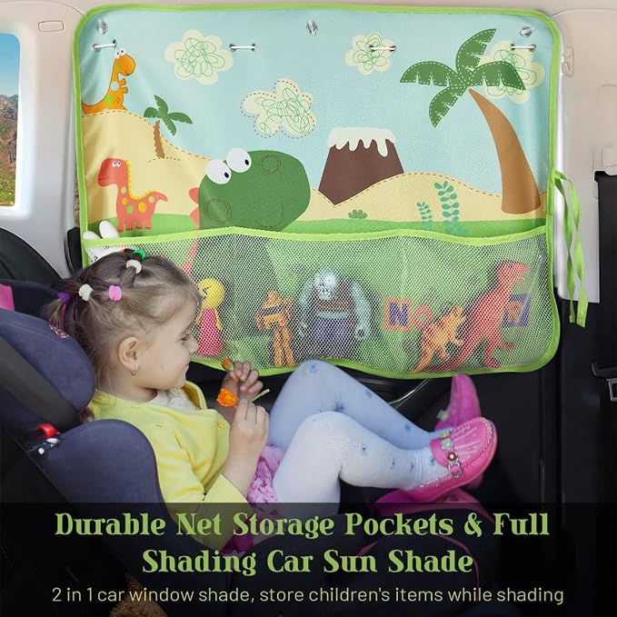 DIZA100 Car Window Shade for Baby, 2 Pack Car Sun Shades with Storage Pockets Car Window Curtain 7 Suction Cups Dinosaurs Pattern for Sun/Heat/UV Rays Protection - Image 2