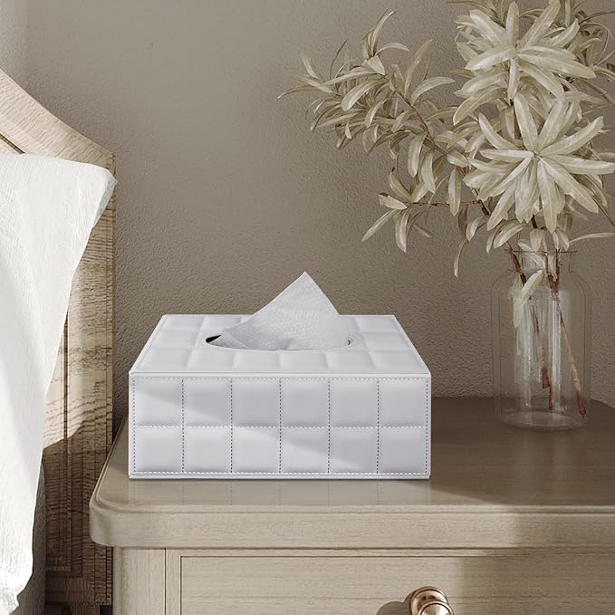 Tissue Box Cover Rectangle Tissue Box Holder PU Leather Facial Organizer with Magnetic Bottom,Decorative Napkin Caddy for Vanity Dresser Night Stand Table Countertop Home Office Car,White - Image 5