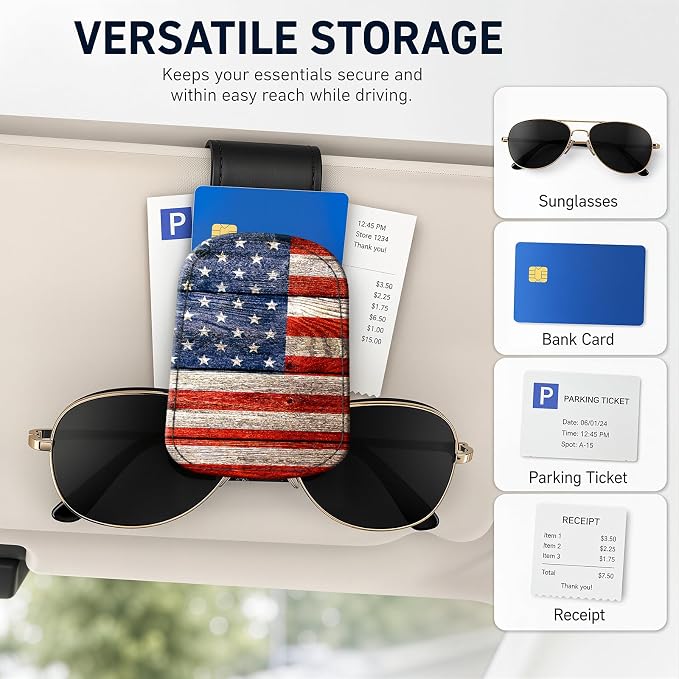 Leather Magnetic Sunglass Holder for Car Sun Visor, Cute Eyeglass Ticket Card Hanger Clip, Universal Auto Interior Accessories for SUV Pickup Truck, USA Flag - Image 4