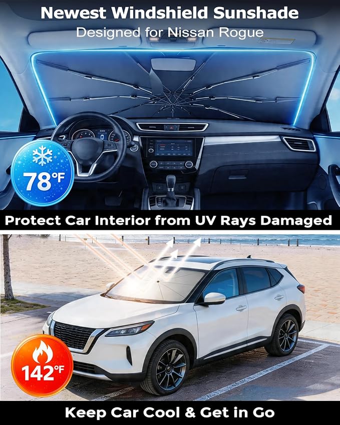 DMJN Umbrella Windshield Sun Shade for Nissan Rogue (2008-2026), Car Sunshade for Front Windshield [Nano Ice-Crystal Coatings] UPF50+ Heat & UV Block, Protect Interior & Keep Cooler - Image 2