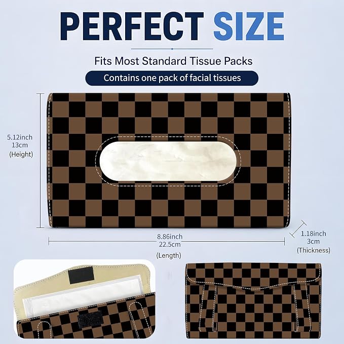 Car Tissue Holder, Cute Sun Visor Napkin Holder Backseat Tissue Case, PU Leather Tissue Box, Funny Car Accessories for Women Men Black Brown Cute Plaid - Image 4