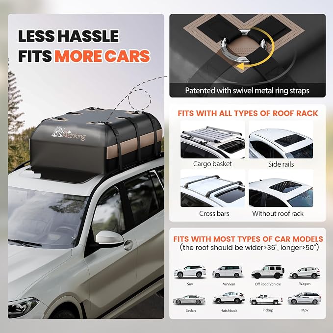Car Rooftop Cargo Carrier Bag, 15 Cubic Feet Waterproof Roof Cargo Bag for Sedan SUV Minivan, Fit Vehicles with/Without Roof Rack, Sidebars & Crossbars - Max Size 44" L x34 W x17 H - Image 6