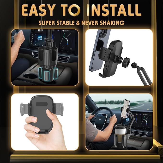 Phone Holders for Your Car, 2 in 1 Universal Stable Cup Car Phone Holder | Adjustable Base with Phone Mount, Hand Free, Long Arm, Non-Slip, 360°Rotation Cup Holder Phone Mount for All Smartphones - Image 6