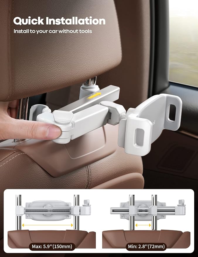 Lamicall Car Headrest Tablet Holder, 3 in 1 Extension Adjustable Arm | Tablet Car Mount for Back Seat, Road Trip Essentials for Kids, for 4.7-11" Devices, iPad Pro Air Mini, Galaxy, Fire HD, White - Image 4