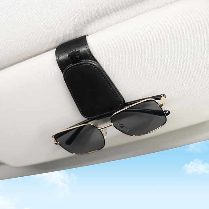 SINGARO 1 Pack Sunglass Holder for Car Visor Sunglasses Holder Clip, Universal Non-Slip Magnetic Leather Glasses Eyeglasses Hanger Mounter, Truck Interior Car Visor Accessories for Woman Man, Black - Image 2