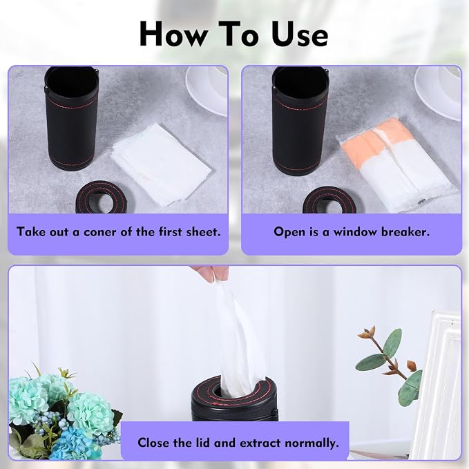 2 Pcs Leather Round Tissues Container with Tissues Cylinder Tissue Box with Window Breaker for Vehicle Bathroom Office (Black) - Image 6