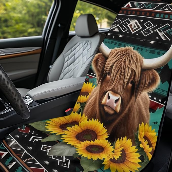 Aztec Highland Cow Sunflower Car Seat Towel Cover After Gym Sweat Automotive Front Seat Cover with Storage Bag Aztec Tribal Car Interior Accessories Universal Fit Beach Towel Yoga Mat Towels - Image 3