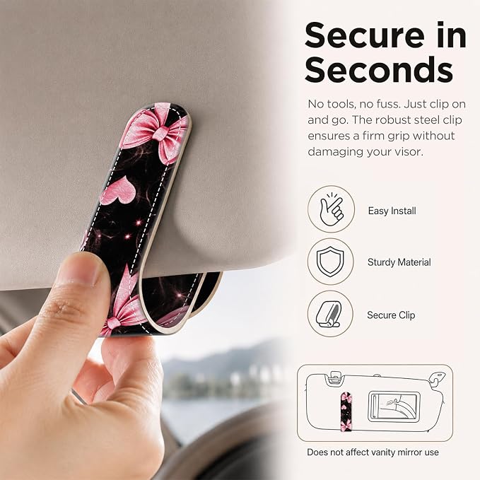 Sunglasses Holder for Car Visor, PU Leather Glasses Clip Organizer, Cute Magnetic Eyeglass Holder for Vehicle Sun Visor, Car Interior Accessory for Women & Men, Pink Ribbon - Image 4