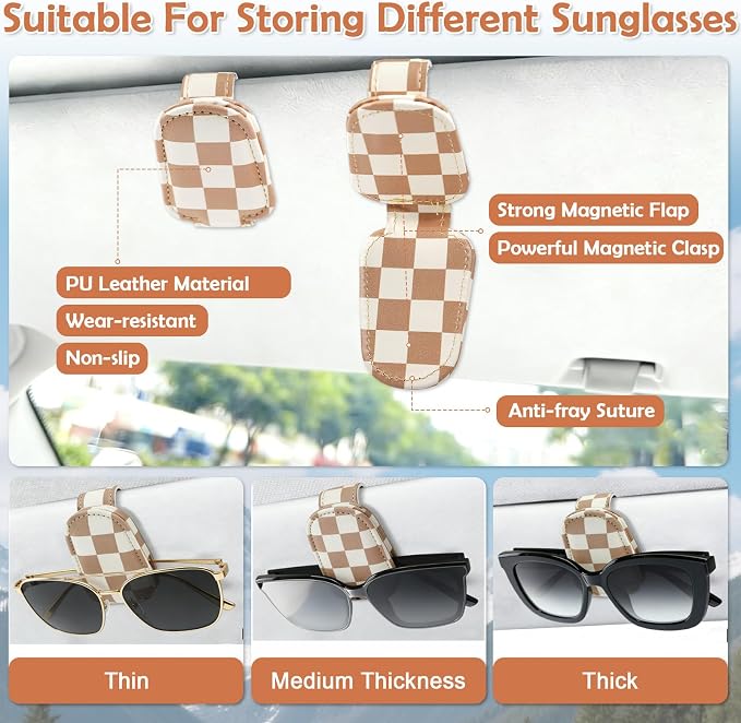 Sunglasses Holder for Car Visor - 2 Packs Boho Magnetic Leather Sunglasses Clip for Car Visor Sunglass Holder Ticket Card Hanger Clips Auto Interior Accessories for SUV Truck Women Men - Image 2