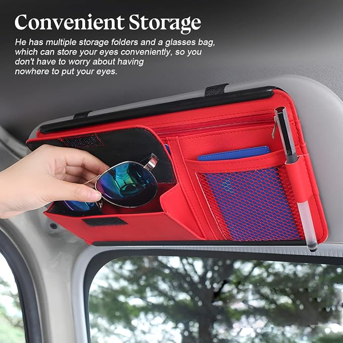 Zipelo 12.2 x 6.5 Inch PU Leather Car Sun Visor Organizer, Black | ABS backing, mesh and zipper pockets, holds cards glasses pens and cables, dual elastic strap mounting, fits most sunshades - Image 3